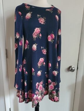 Navy Floral Long Sleeve Swing Dress - Pink Rose Print